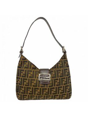 Fendi Shoulder Bag Zucca Nylon Canvas Brown Silver
